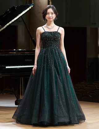 TWEED DRESS(ツイードドレス)のグリーンロングドレス・チュール|TN2030-GNの全身正面ストラップ着用画像です。