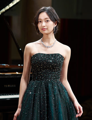 TWEED DRESS(ツイードドレス)のグリーンロングドレス・チュール|TN2030-GNの上半身正面画像です。