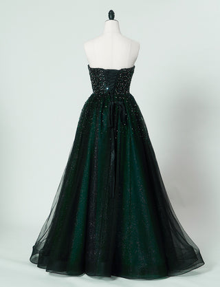TWEED DRESS(ツイードドレス)のグリーンロングドレス・チュール|TN2030-GNのトルソー全身背面画像です。