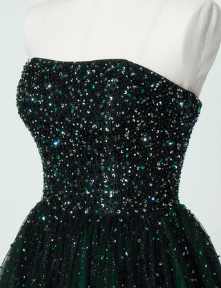 TWEED DRESS(ツイードドレス)のグリーンロングドレス・チュール|TN2030-GNのトルソー上半身斜め画像です。