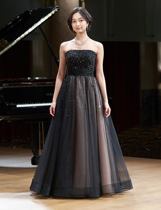 TWEED DRESS(ツイードドレス)のピンクベージュロングドレス・チュール|TN2030-PKBEの全身正面画像です。