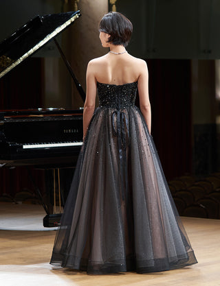 TWEED DRESS(ツイードドレス)のピンクベージュロングドレス・チュール|TN2030-PKBEの全身背面画像です。