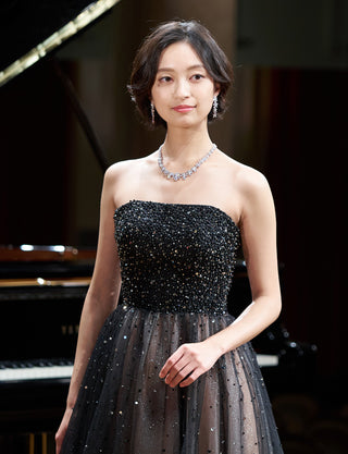 TWEED DRESS(ツイードドレス)のピンクベージュロングドレス・チュール|TN2030-PKBEの上半身正面画像です。