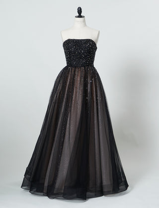 TWEED DRESS(ツイードドレス)のピンクベージュロングドレス・チュール|TN2030-PKBEのトルソー全身正面画像です。