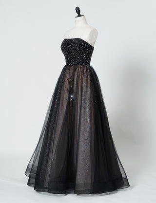 TWEED DRESS(ツイードドレス)のピンクベージュロングドレス・チュール|TN2030-PKBEのトルソー全身斜め画像です。