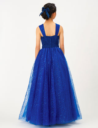 TWEED GIRL(ツイードガール)のロイヤルブルーロングドレス・スパンコールチュール|TWJ9101-RBLの全身背面画像です。