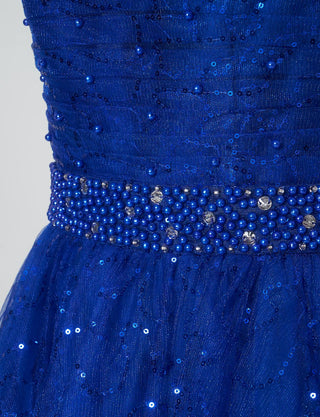 TWEED GIRL(ツイードガール)のロイヤルブルーロングドレス・スパンコールチュール|TWJ9101-RBLの上半身ウエストビジュ装飾拡大画像です。