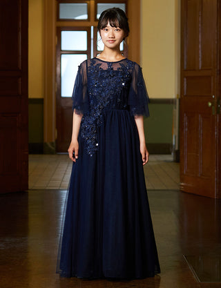 ピアノ発表会用ジュニアドレス ダークネイビー|140〜160cm対応・袖付きロング丈ドレス