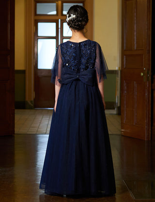 後ろウエストシャーリング仕様のジュニアドレス 袖付き ダークネイビー|ピアノ発表会向け・140〜160cm対応