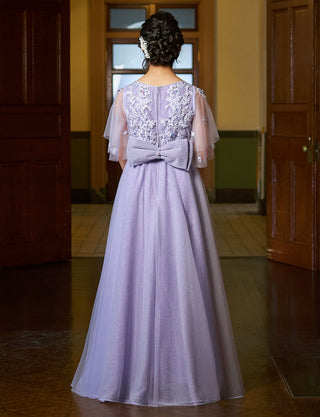 後ろウエストシャーリング仕様のジュニアドレス 袖付き ラベンダー|ピアノ発表会向け・140〜160cm対応