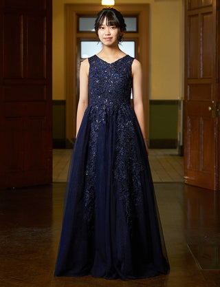 華やかな演奏会用ジュニアドレス(ノースリーブ)ダークネイビー|140〜160cm対応・ロング丈ドレス