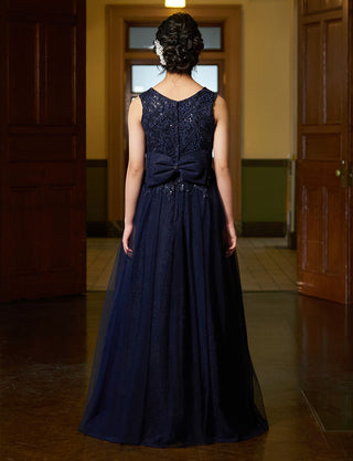 後ろファスナー仕様のジュニアドレス ダークネイビー リボン付き|ピアノ発表会向け・140〜160cm対応