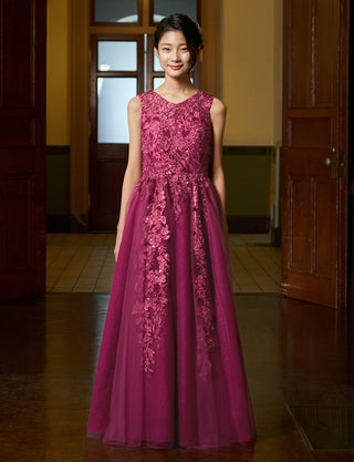 華やかな演奏会用ジュニアドレス(ノースリーブ)ピンクローズ|140〜160cm対応・ロング丈ドレス