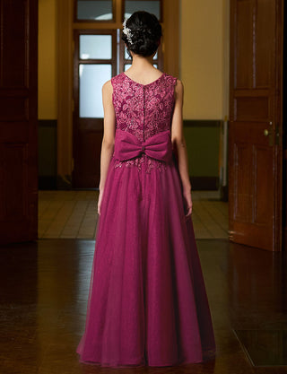 後ろファスナー仕様のジュニアドレス ピンクローズ リボン付き|ピアノ発表会向け・140〜160cm対応