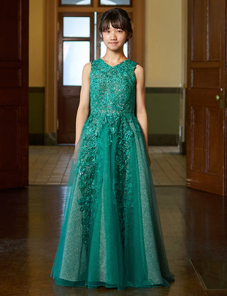 華やかな演奏会用ジュニアドレス(ノースリーブ)グリーン|140〜160cm対応・ロング丈ドレス