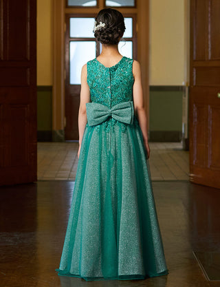 後ろファスナー仕様のジュニアドレス グリーン リボン付き|ピアノ発表会向け・140〜160cm対応