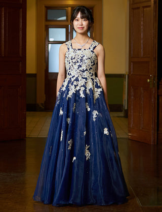 華やかな演奏会用ジュニアドレス ダークネイビー レース|肩紐あり・ジュニア用ドレス 140〜160cm