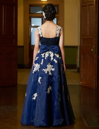 後ろシャーリング仕様のジュニアドレス ダークネイビー レース リボン付|ピアノ発表会向け・140〜160cm対応