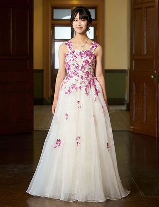 華やかな演奏会用ジュニアドレス ホワイト×ラベンダー レース|肩紐あり・ジュニア用ドレス 140〜160cm