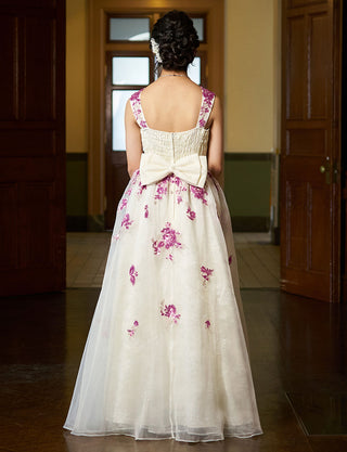 後ろシャーリング仕様のジュニアドレス ホワイト×ラベンダー レース リボン付|ピアノ発表会向け・140〜160cm対応