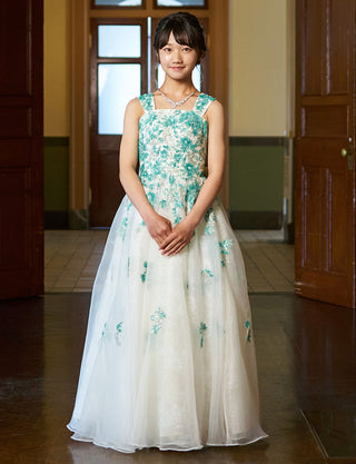 華やかな演奏会用ジュニアドレス ホワイト×グリーン レース|肩紐あり・ジュニア用ドレス 140〜160cm