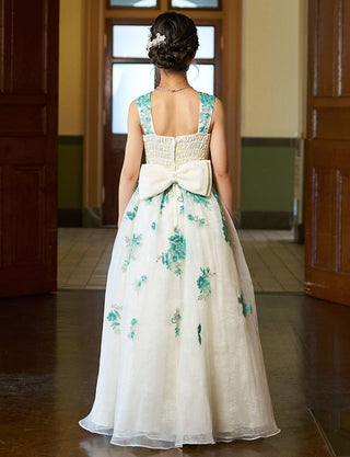 後ろシャーリング仕様のジュニアドレス ホワイト×グリーン レース リボン付|ピアノ発表会向け・140〜160cm対応