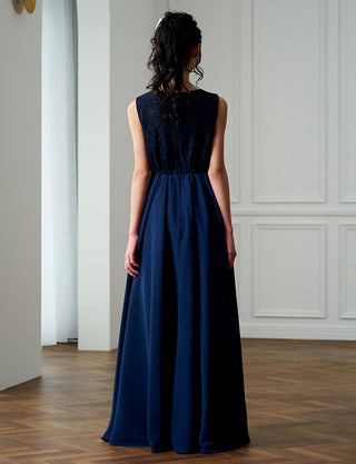 後ろウエストシャーリング仕様のジュニアドレス ダークネイビー|ピアノ発表会向け・140〜160cm対応