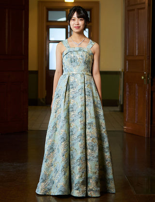 華やかな演奏会用ジュニアドレス ペールグリーン ジャガード|肩紐あり・ジュニア用ドレス 140〜160cm