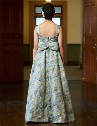 後ろシャーリング仕様のジュニアドレス ペールグリーン ジャガード リボン付|ピアノ発表会向け・140〜160cm対応