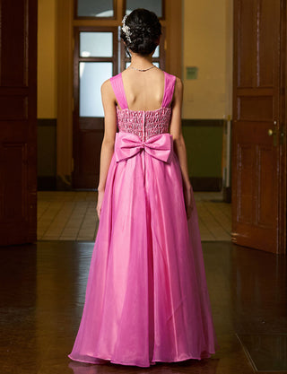 後ろシャーリング仕様のジュニアドレス ピンク リボン付|ピアノ発表会向け・140〜160cm対応