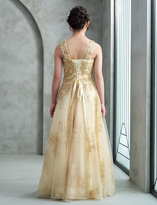 後ろ編み上げ紐仕様のジュニアドレス ゴールドレース シャンパンゴールド|ピアノ演奏会向け・140〜160cm対応