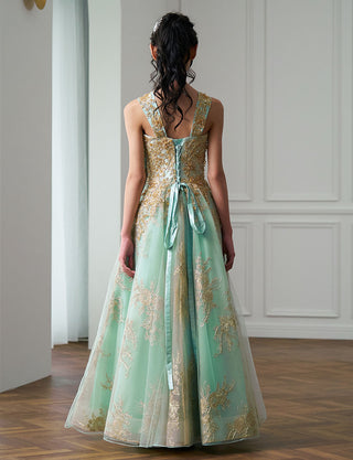 後ろ編み上げ紐仕様のジュニアドレス ゴールドレース ペールミント|ピアノ演奏会向け・140〜160cm対応