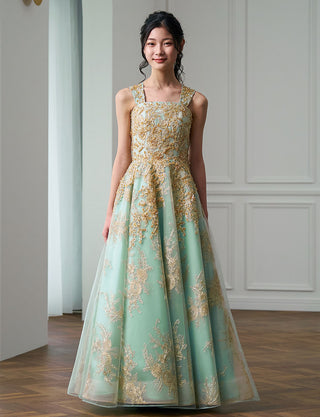 ゴージャスな演奏会用ジュニアドレス ゴールドレース ペールミント|肩紐あり・ジュニア用ドレス 140〜160cm