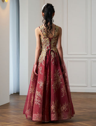 後ろ編み上げ紐仕様のジュニアドレス ゴールドレース ワインレッド|ピアノ演奏会向け・140〜160cm対応