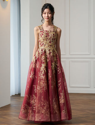 ゴージャスな演奏会用ジュニアドレス ゴールドレース ワインレッド|肩紐あり・ジュニア用ドレス 140〜160cm