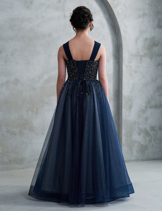 後ろ編み上げ紐仕様のジュニアドレス ビジュ ダークネイビー|ピアノ演奏会向け・140〜160cm対応