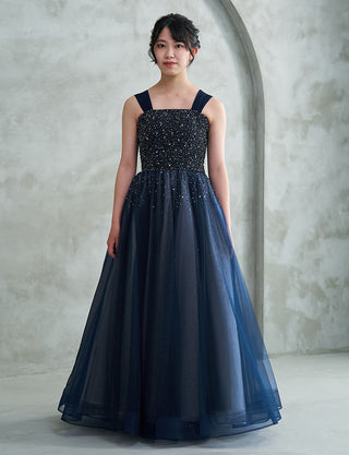 ゴージャスな演奏会用ジュニアドレス ビジュ ダークネイビー|肩紐あり・ジュニア用ドレス 140〜160cm
