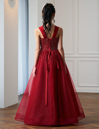 後ろ編み上げ紐仕様のジュニアドレス ビジュ ダークレッド|ピアノ演奏会向け・140〜160cm対応