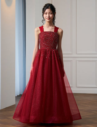 ゴージャスな演奏会用ジュニアドレス ビジュ ダークレッド|肩紐あり・ジュニア用ドレス 140〜160cm