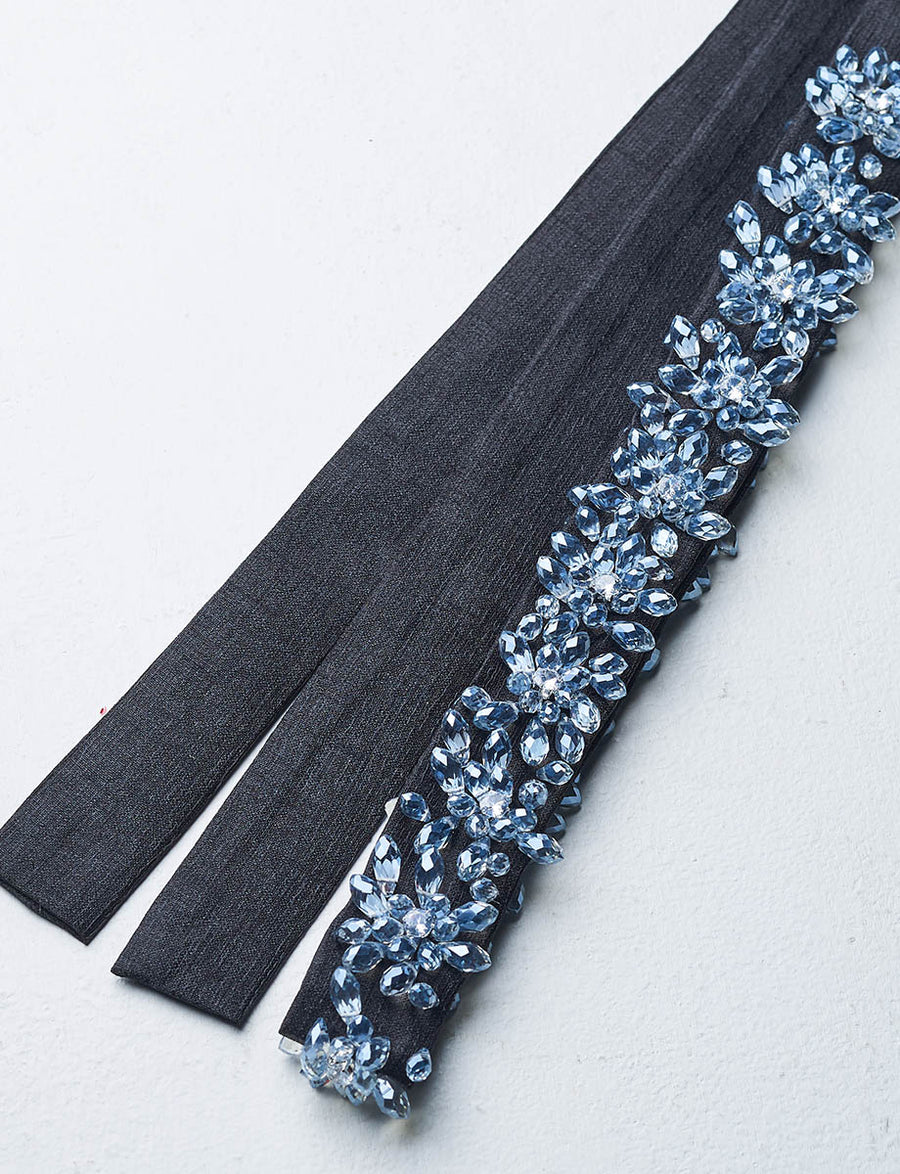 ハンド刺繍 3cm幅サテンサッシュベルト ブラック×シルバー ・BT240009