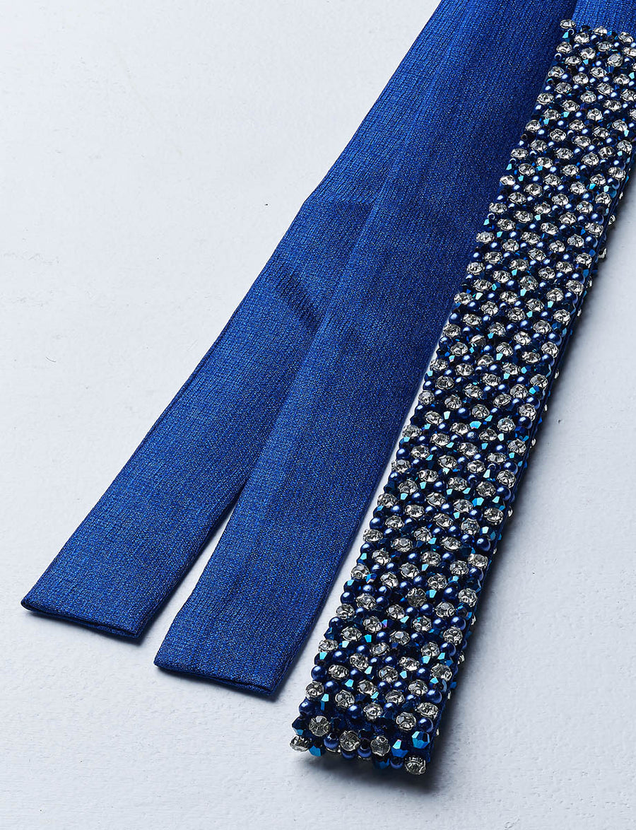 ハンド刺繍 3cm幅サテンサッシュベルト ブルーネイビー