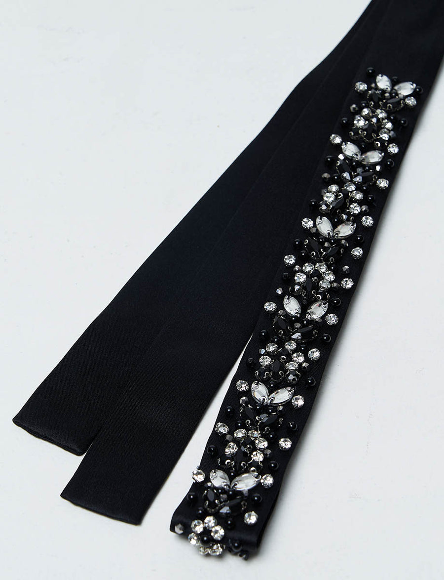 ハンド刺繍 3cm幅サテンサッシュベルト 黒・BT240003-BK | ツイード