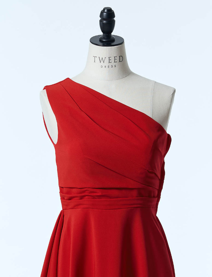 エスカーダ  ☆ ワンショルダーシルキー&シフォンドレス ロングドレス ワンショルダー レッド ストレッチシフォン 演奏会 発表