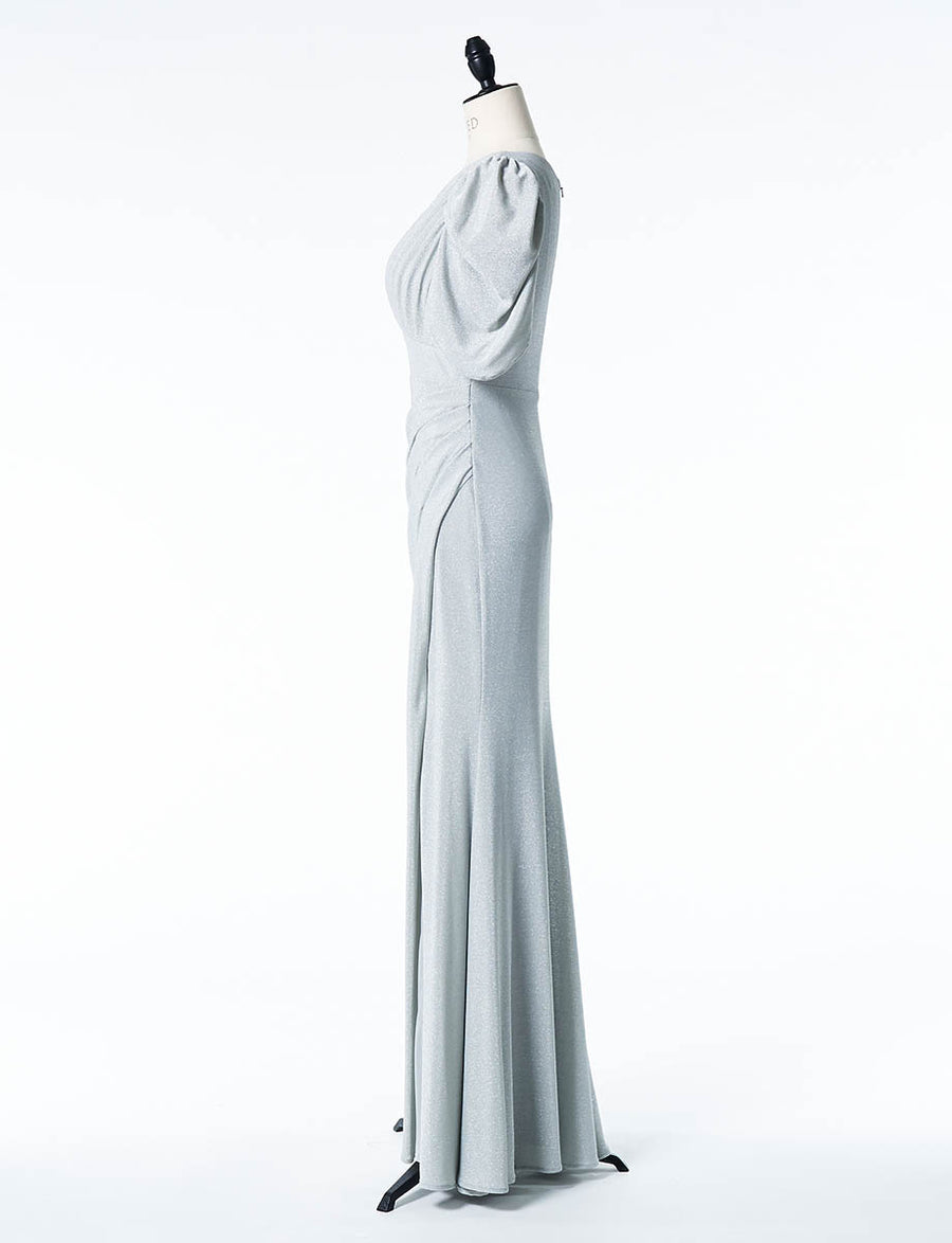 袖付き ラメニットシルバーロングドレス JEAN MACLEAN・41532-SIL