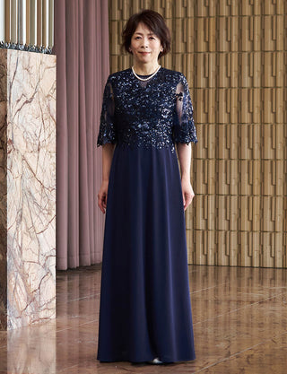 結婚式母親ドレス ネイビー｜スパンコールレース身頃・シフォンAライン・ロング丈・50代〜60代向けマザードレス