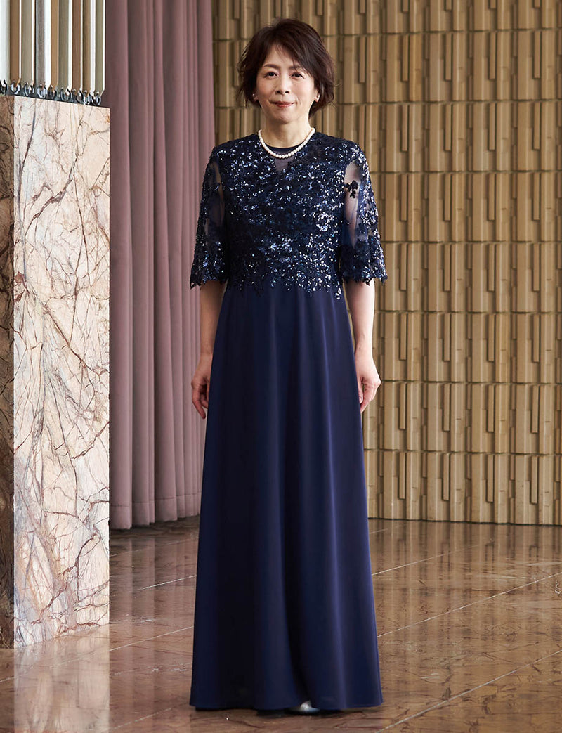 結婚式母親ドレス ネイビー｜スパンコールレース身頃・シフォンAライン・ロング丈・50代〜60代向けマザードレス