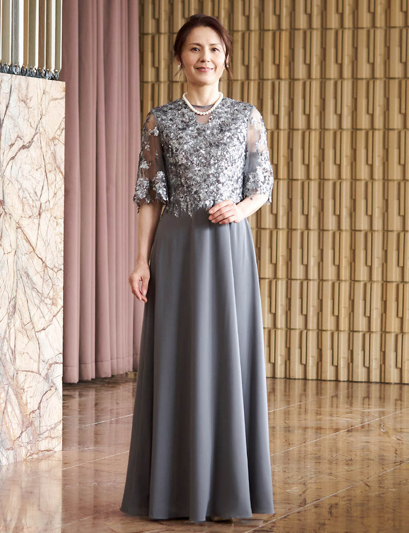 結婚式母親ドレス グレー｜スパンコールレース身頃・シフォンAライン・ロング丈・50代〜60代向けマザードレス