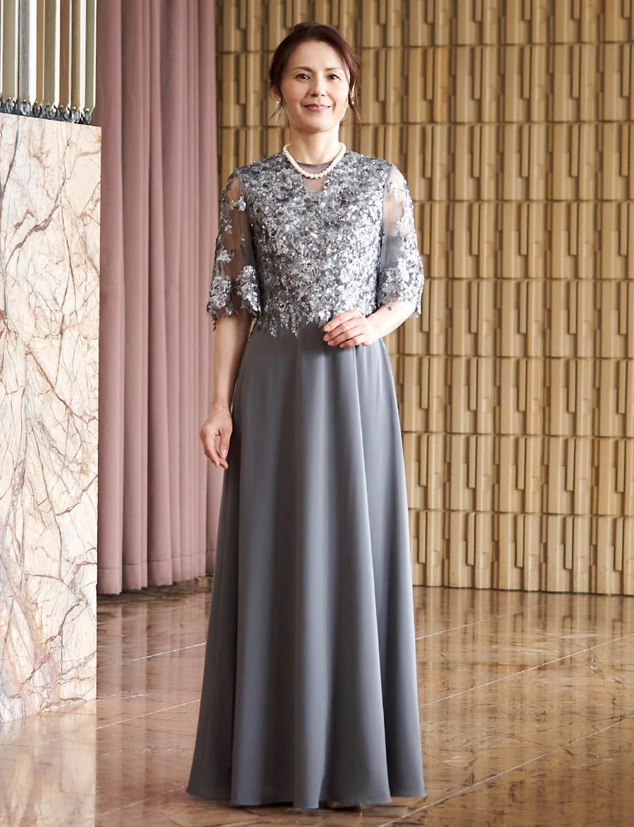 結婚式 母親ドレス グレー・マザーズドレス スパンコールレース