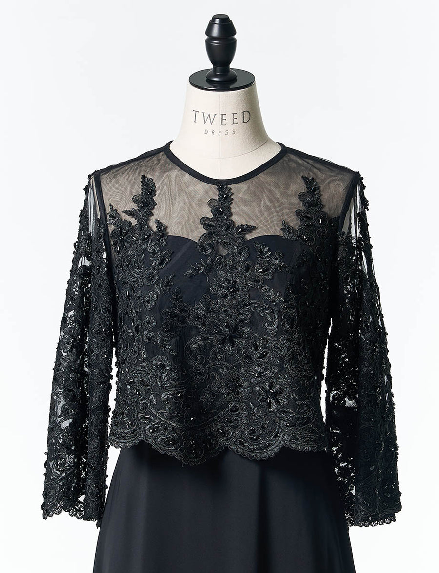 TWEED DRESS黒色華やかなレース袖マザーズドレス 結婚式 母親ドレス 黒レース・マザーズドレス 長袖 MD0408-BK