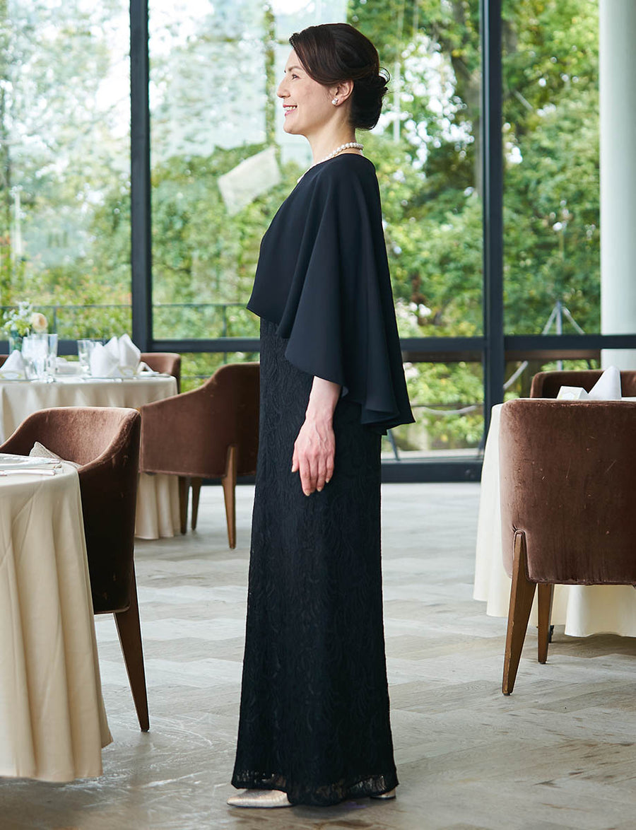 結婚式 母親ドレス 黒・マザーズドレスケープ付き MD0401-BK|新郎新婦